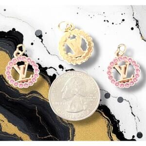 2 Piece Pink Rhinestone/Gold Earring Making Round Charm Pendant Zipper Pull